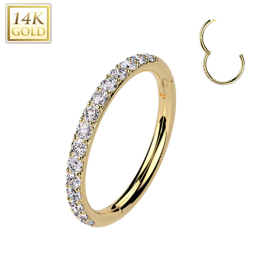 14K Gold Hinged Segment Hoop Ring With Outward Facing Pave CZ