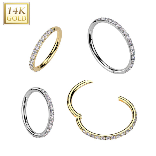 14K Gold Hinged Segment Hoop Ring With Outward Facing Pave CZ