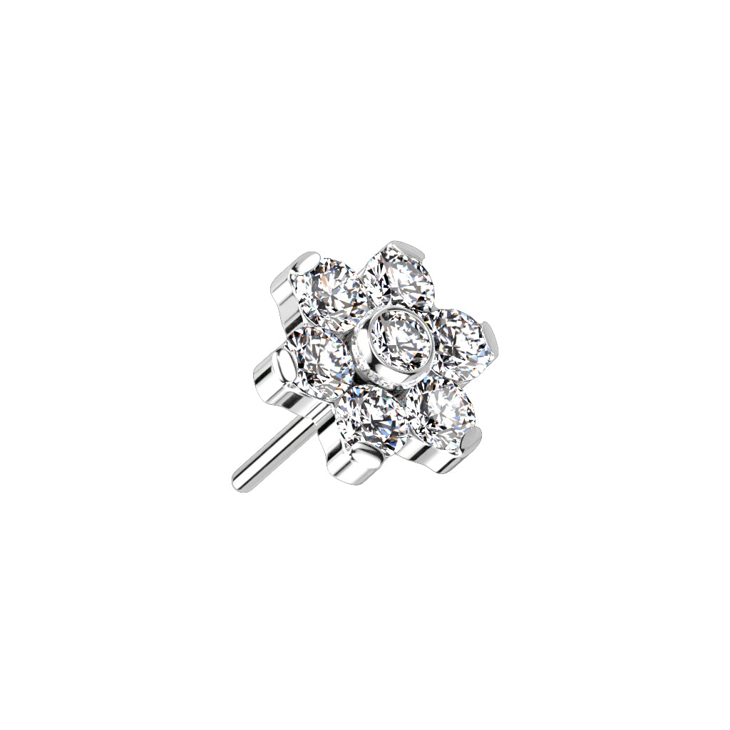 Implant Grade Titanium Threadless Push In CZ Flower With Bezel Set Center and Prong Set Petals