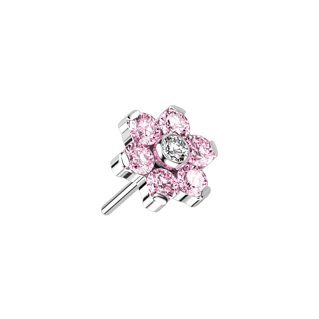 Implant Grade Titanium Threadless Push In CZ Flower With Bezel Set Center and Prong Set Petals