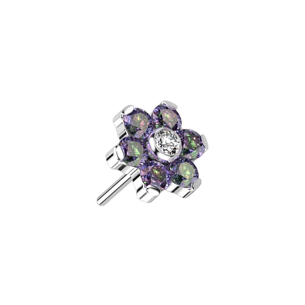 Implant Grade Titanium Threadless Push In CZ Flower With Bezel Set Center and Prong Set Petals